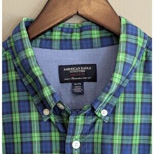 American Eagle Mens XL Athletic Fit Blue Green Plaid Button Down Shirt AE